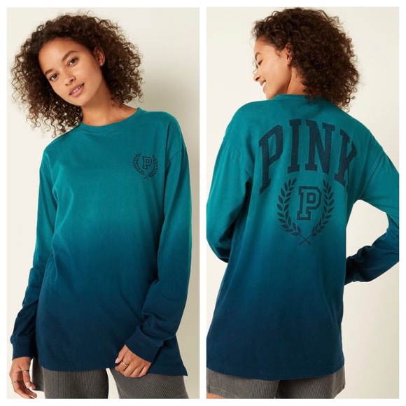 VS VICTORIAS SECRET PINK CAMPUS LONG SLEEVE TEE TOP DEEP LAKE DIP DYE M - Picture 1 of 7